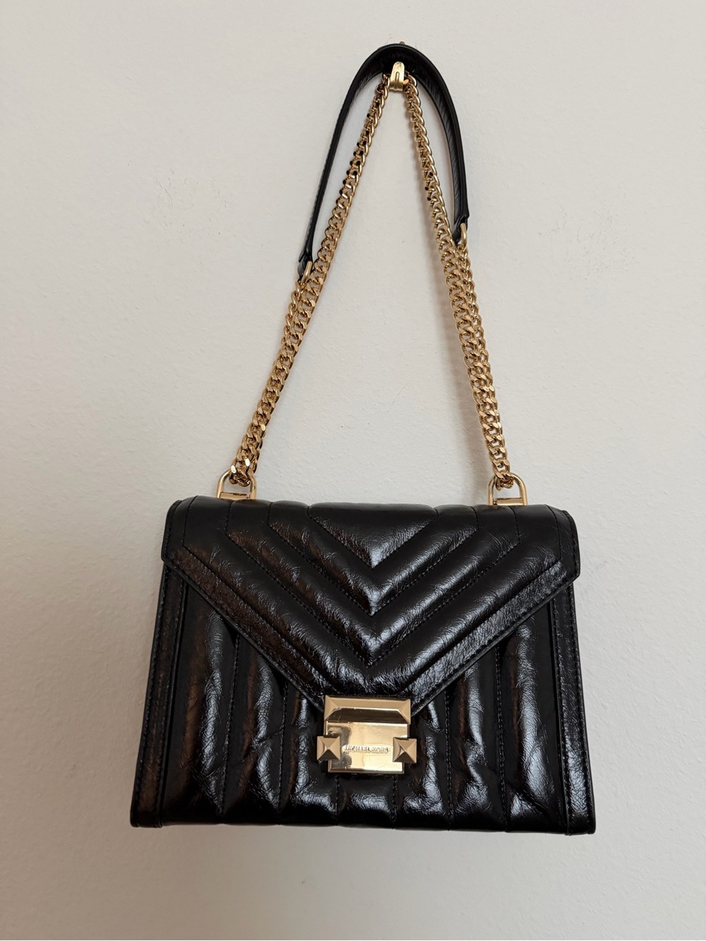 Michael Kors Black Quilted Leather Shoulder Bag with Gold Chain